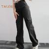 Women Cargo Pants Mid-rise Button Zipper Waist Casual Trousers with Multi Pockets Straight Leg Loose Fit Solid Color Long Pants