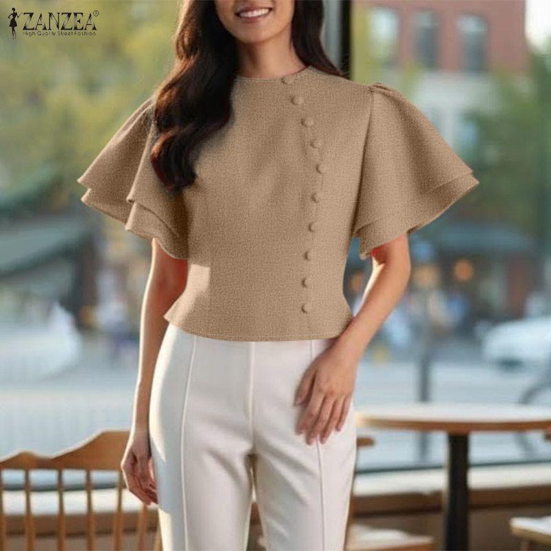 ZANZEA Women Casual Round Neck Short Sleeve Elegant Blouse