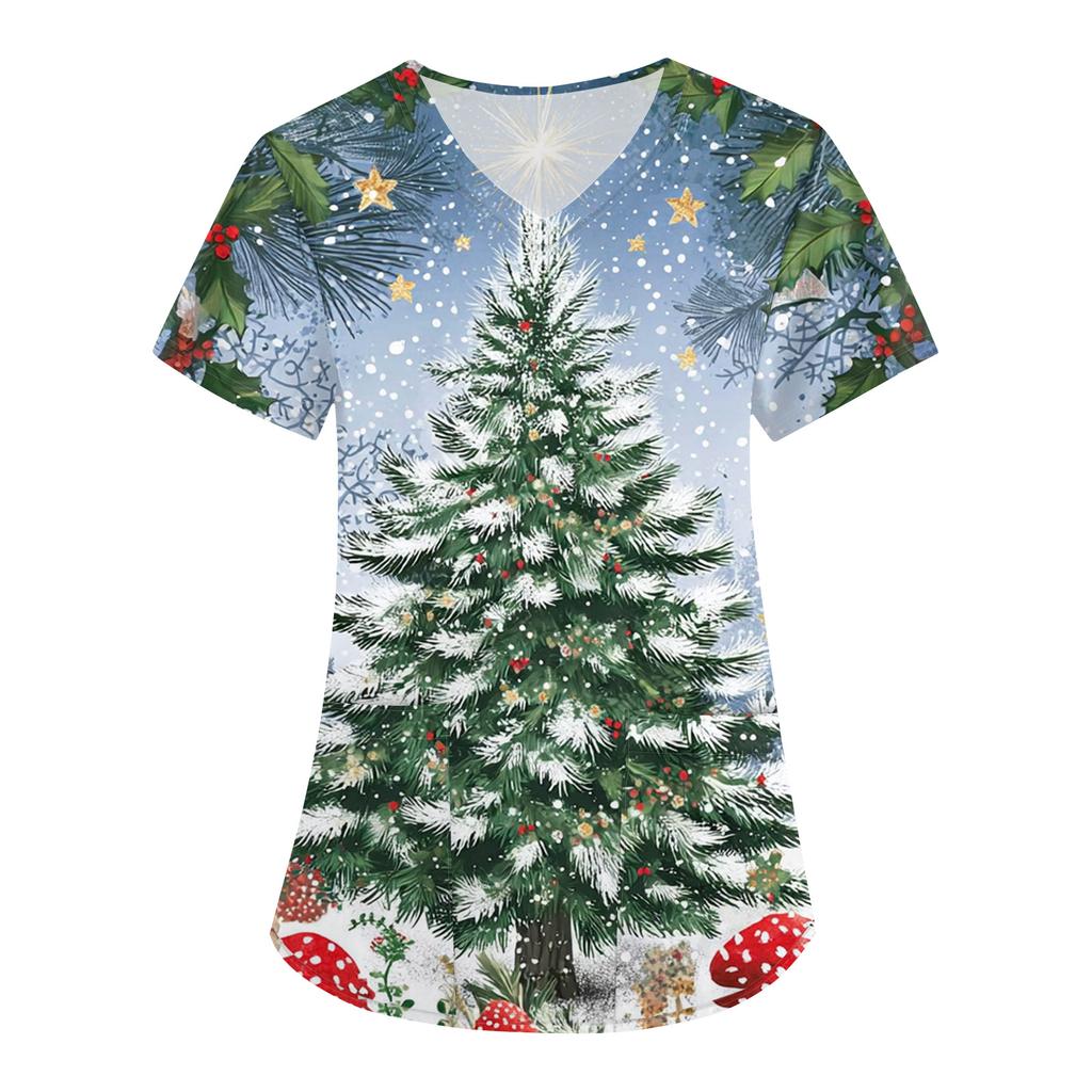 Women's Fashion V-Neck Short Sleeve Overalls With Pockets Christmas Printed Tops  Clothes