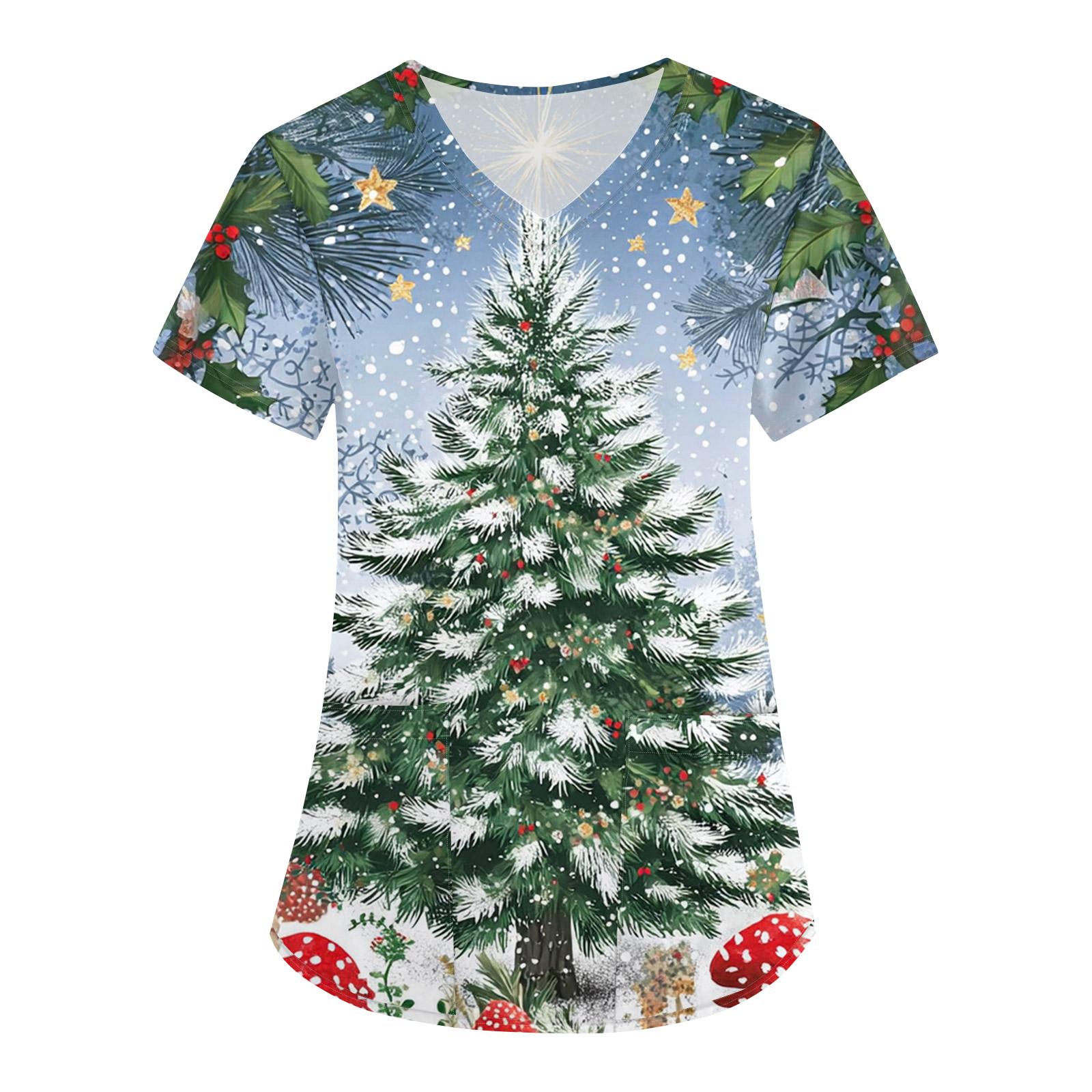 

Women s Fashion V-Neck Short Sleeve Overalls With Pockets Christmas Printed Tops Clothes XXXXL