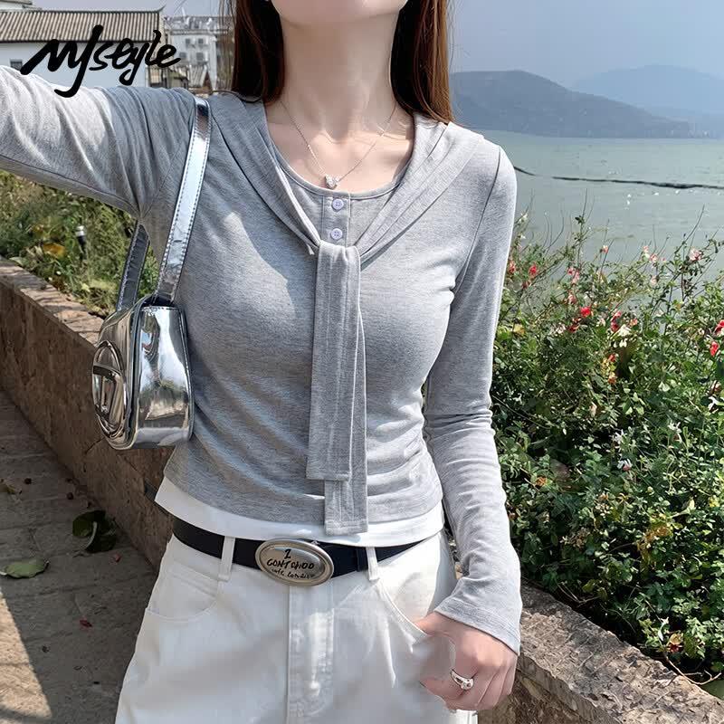 MJ STYLE Women s Fashion Navy Collar Long Sleeve Slim T-Shirt L