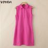 VONDA Women Summer Sleeveless Lapel Neck Buttons Slim Waist Casual Thin Mini Dress
