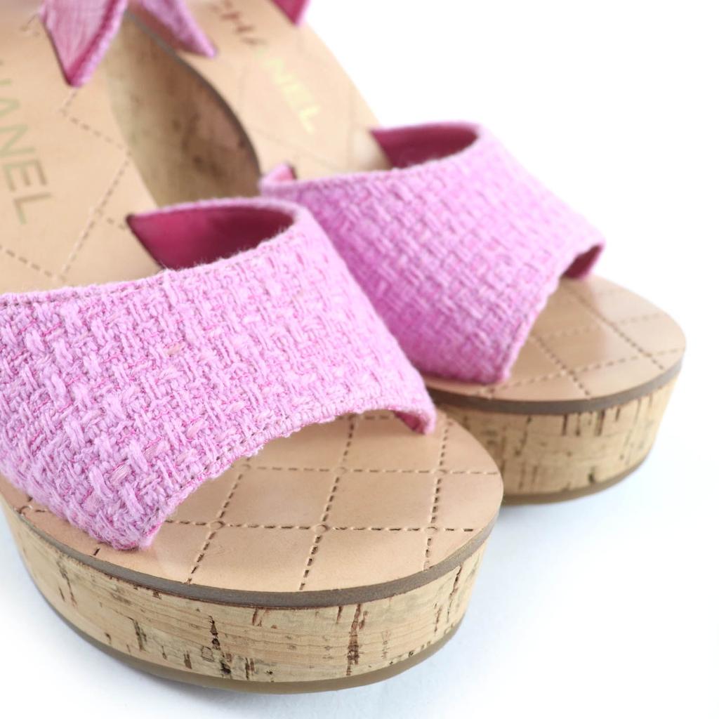 Tolle CHANEL Sandalen COCO Mark Keilsohle Tweed rosa Damen 36.5 G38994 Gebraucht
