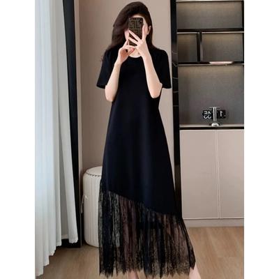 Women's Black T Shirt Midi Dress With Lace Hem Casual Asymmetrical Dress