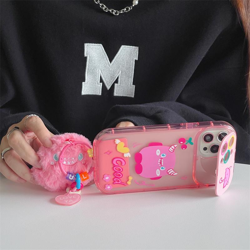 Korean Cute Plating Monster 3d Plush Pendant Phone Case For Iphone 14 13 12 11 Pro Max Xr Mirror Holder Shockproof Soft Cover