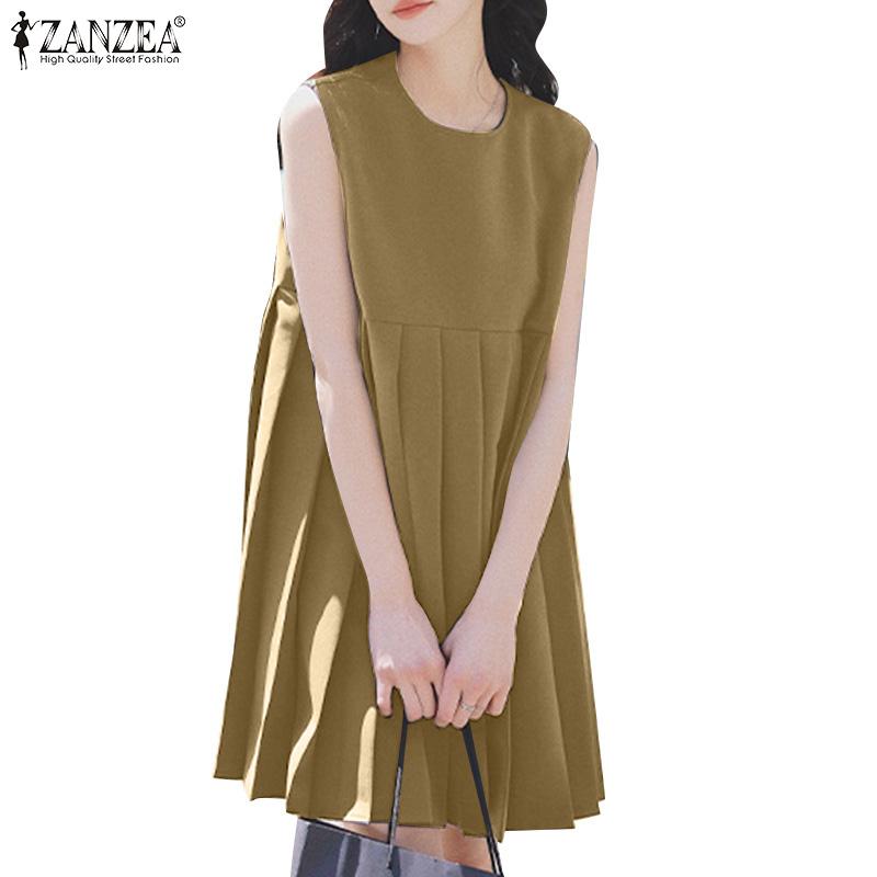 ZANZEA Damska letnia sukienka bez rękawów z okrągłym dekoltem, gładka, luźna