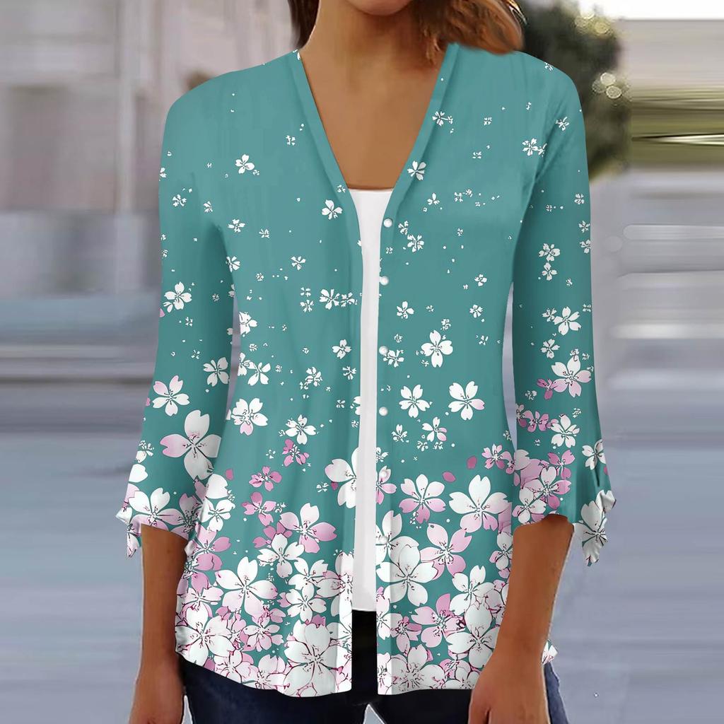 Women's Fashion Loose Casual Printed Seven-Part Sleeve Button Down Blouse Cardigan Top