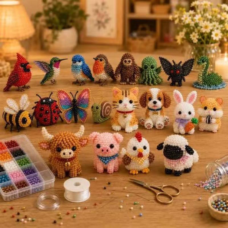 Tiny 3D Beaded Animal DIY Kit, Easy DIY Beading Embroidery Kit With 4 Cute Designs, 3D Animal Themed Beadwork Kit For Beginners