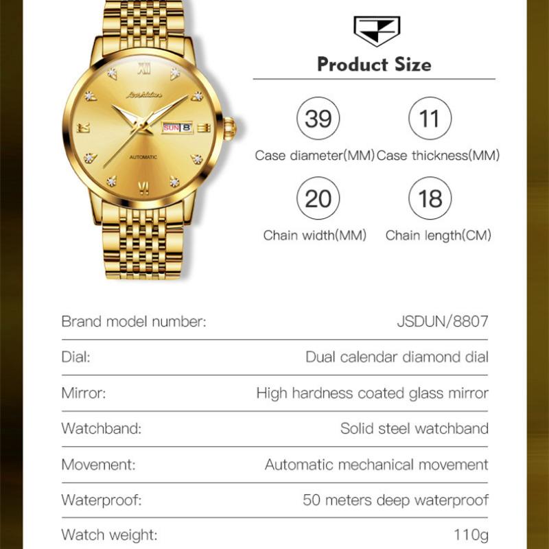 JINSHIDUN Novo Relógio Masculino de Negócios e Lazer Relógio Mecânico Automático Moda Diamante À Prova D'Água Luminoso Relógio Masculino de Alta Qualidade