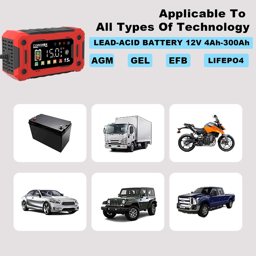 12V 15A Battery Charger Smart Charging For Lifepo4 Lead Acid AGM GEL Lithium Iron Phosphate Batteries With LED Display Car Moto