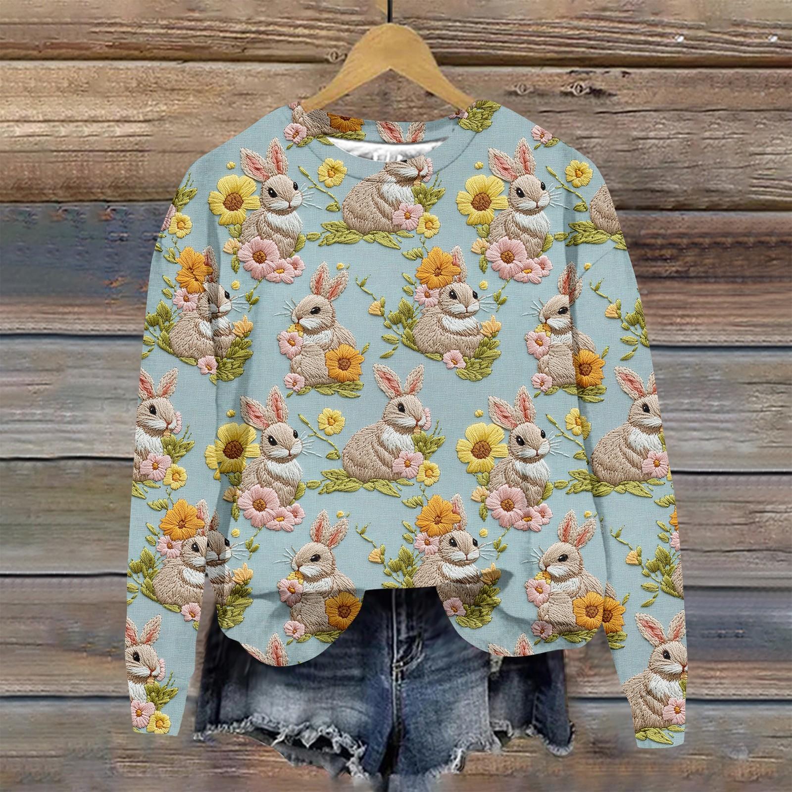 

Женская мода Пасха Печатный Длинный рукав Свободный круглый вырез Толстовка Топ M циан