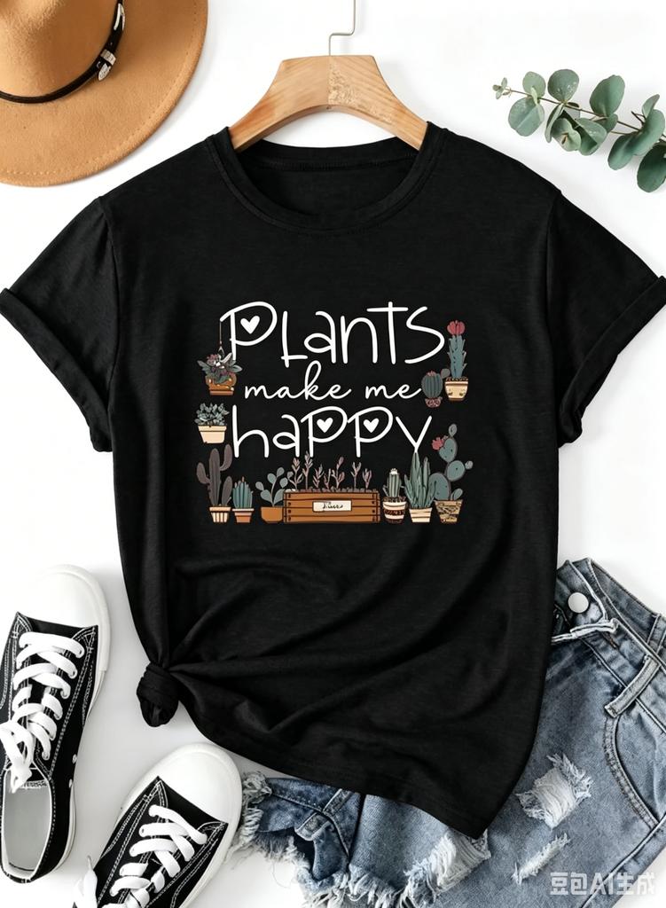Plants Make Me Happy Unisexs Tee Cute Plant Lover Graphic Casual Green Top