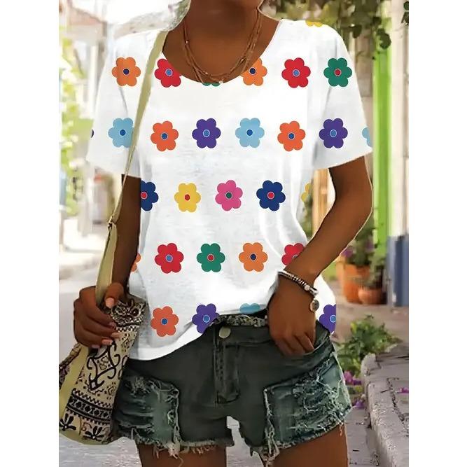 

Summer Round Neck Flower Butterfly Pattern 3D Print Top Fashionable Casual Short Sleeved Women s T-shirts XS
