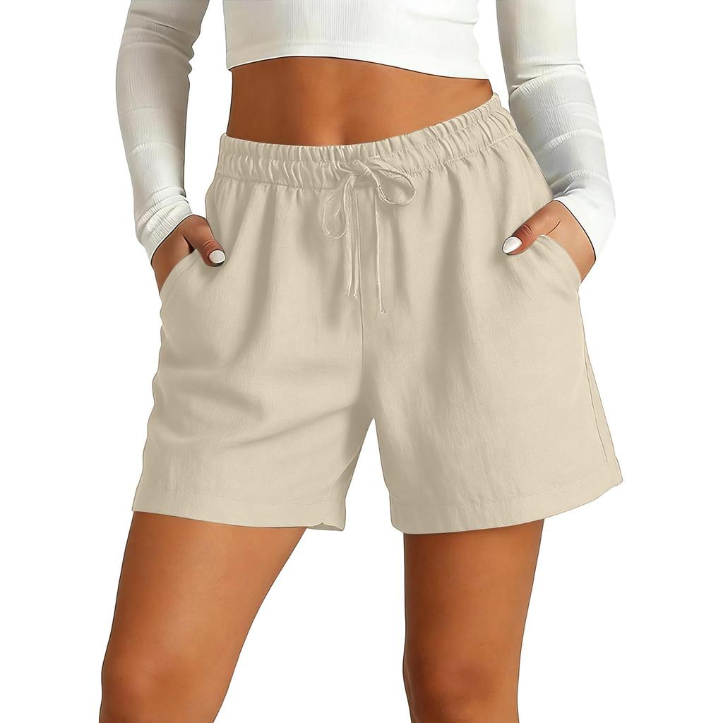 Damen Bermudashorts Mit Taschen Kordelzug Elastischer Bund Leinen-Shorts Lässige Strandurlaub Sommerkleidung