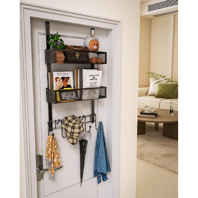 HapiRm Over the Door Hanger with Coat Hooks and 2 Baskets, Rustproof & Waterproof Over the Door Hooks, Storage Organizer for Hats, Bathroom, Kitchen,