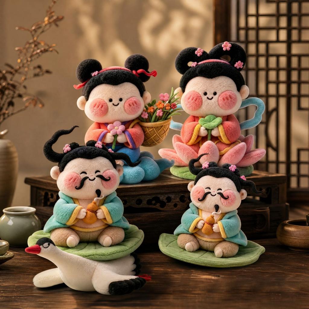Eight Immortals Plush Dolls Set - Chinese Mythology Theme Desktop Ornament Figurines for Display