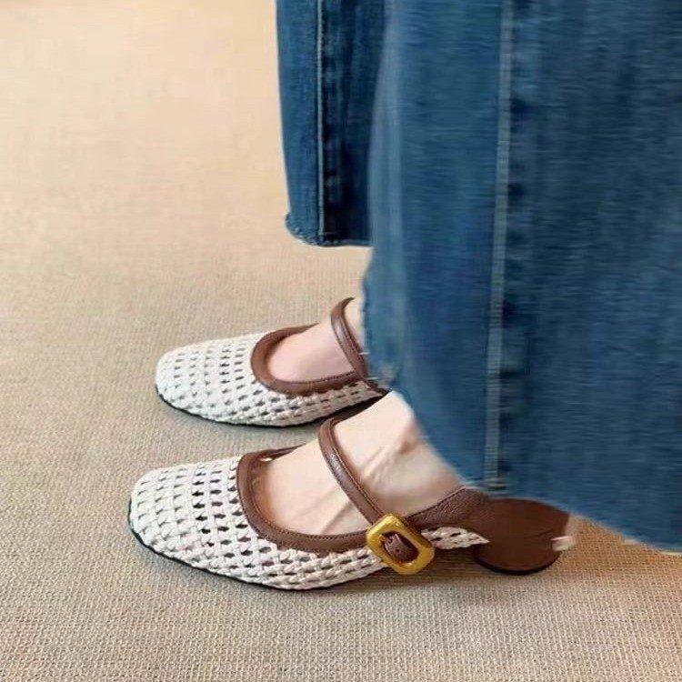 French color matching retro square head woven hollow Mary Jane shoes women's light mouth square head thick heel word with light mouth single shoes