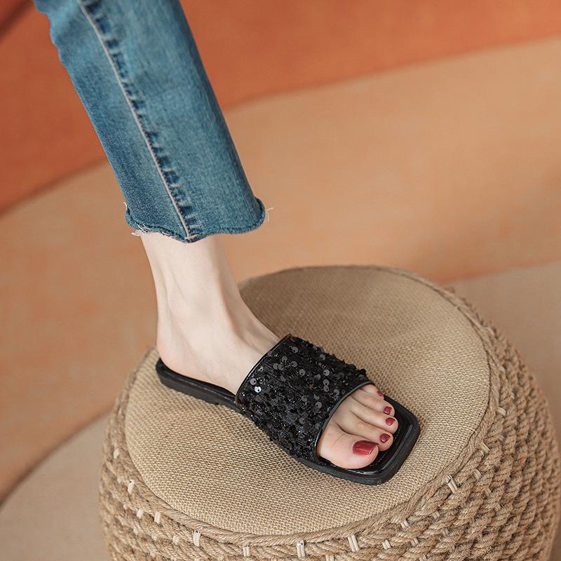 

Sequin one-word flat bottom large size soft sole out fashion summer new seaside beach shoes 34 чёрный
