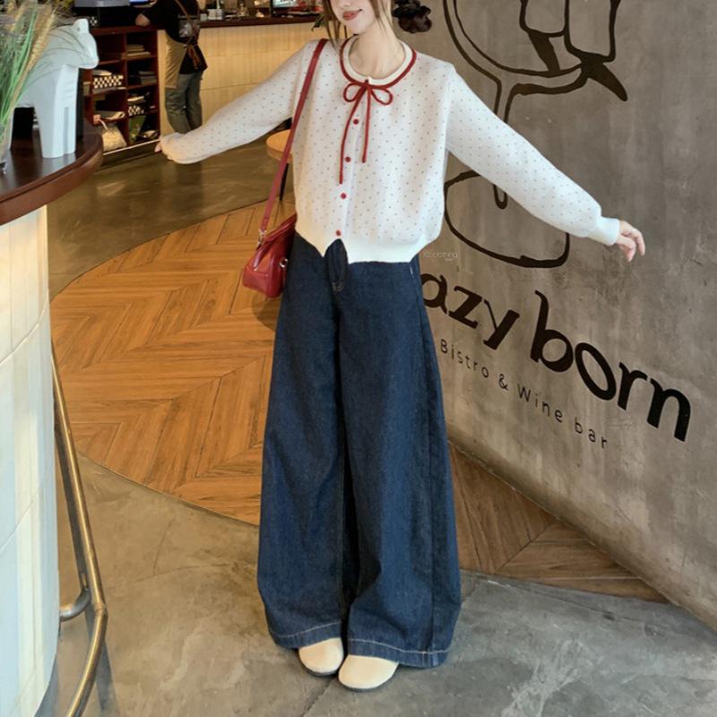 Korean Style Sweet Lace-Up Knitted Sweater Cardigan with Bow, Contrast Colors - Chic Short Top for Women, Autumn and Winter.