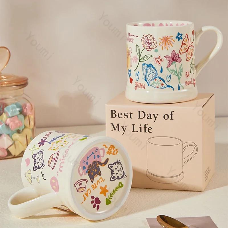 Kreativní roztomilý kreslený graffiti hrnek Domácí snídaně Keramický hrnek na mléko Odpolední čaj Kancelářské šálky na kávu Vynikající čajová souprava Dárky