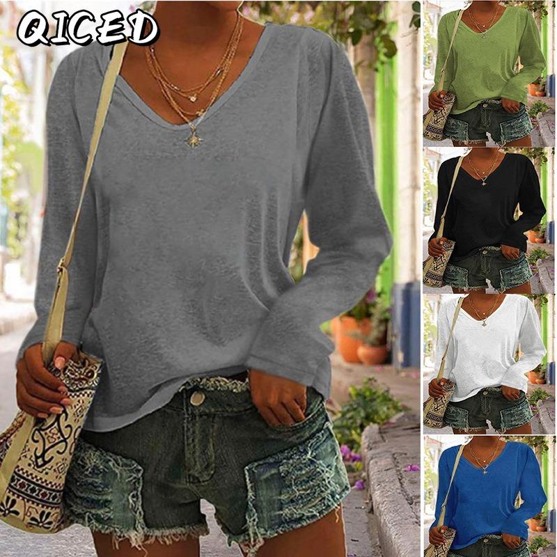 BITCED Women's Fashion Casual Solid Color Print V-Neck Long Sleeve Blouses & Shirts