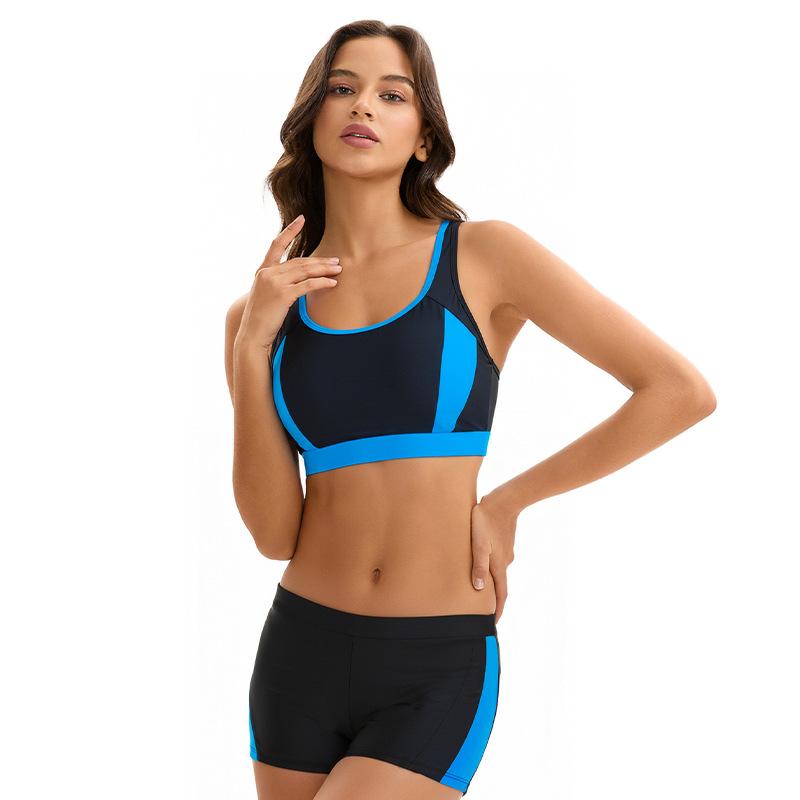 Women's Color-Blocked Two-Piece Swim Set with Back Cut-Out Top & High-Waisted Shorts – Sporty Nylon Beachwear In Multiple Colors