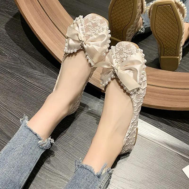 Fashion Pearl Black Woman Flats Shallow Anti-slip Evening Elegant Dress Shoe Comfortable High Quality Fashion Spring 39 Shoes for Women