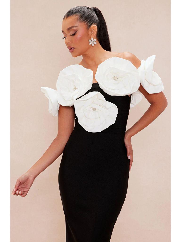 White Floral Black Bodycon Evening Dress with Back Slit – Sleeveless European & American Fashion Slimming Design