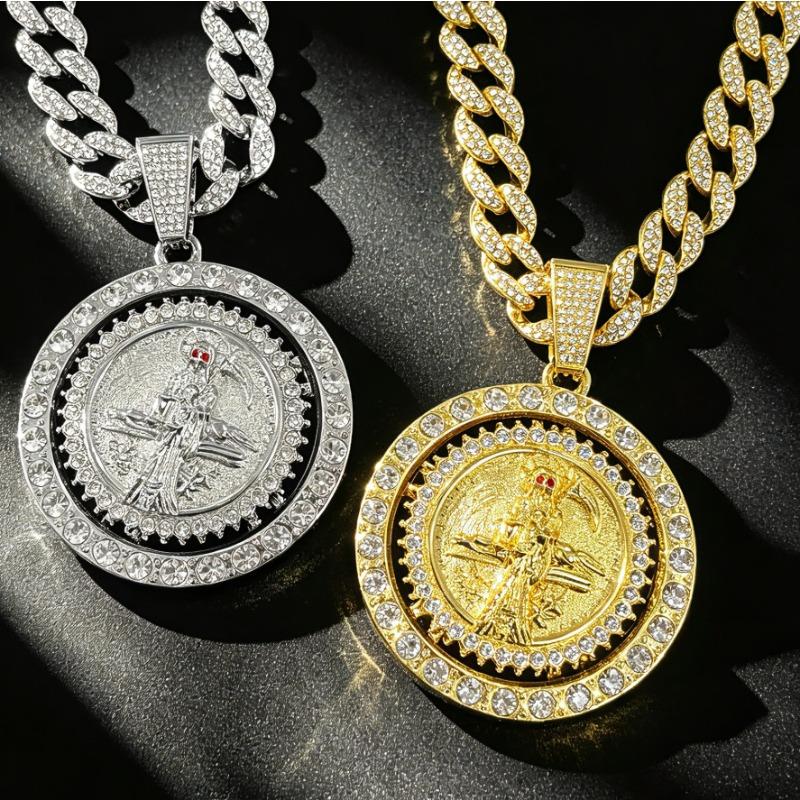 European and American New Alloy Full Diamond Personalized Rotating Sickle Death Pendant Hip-hop Necklace Men's Jewelry