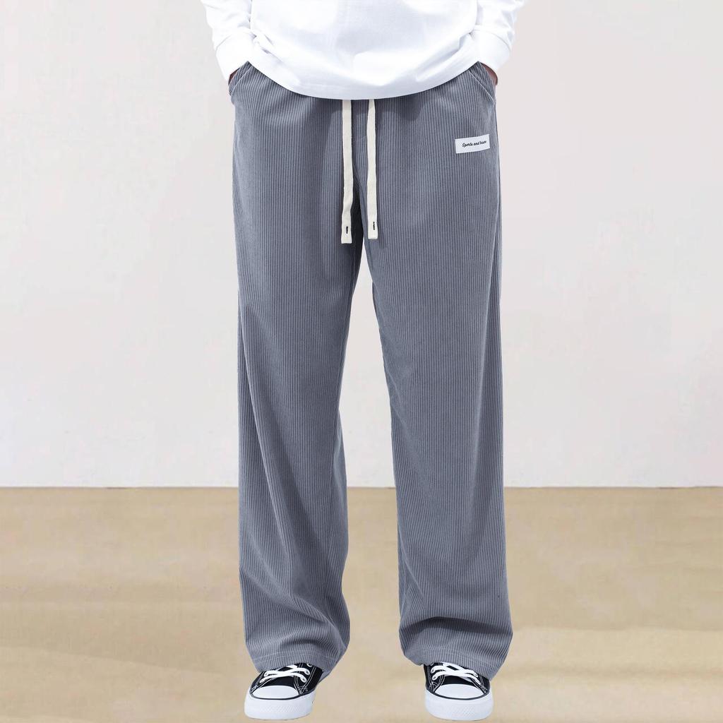 Men's Corduroy Drawstring Sweatpants - Solid Color, Straight-Leg, Cool, High-End, Wide-Leg, Long Pants.