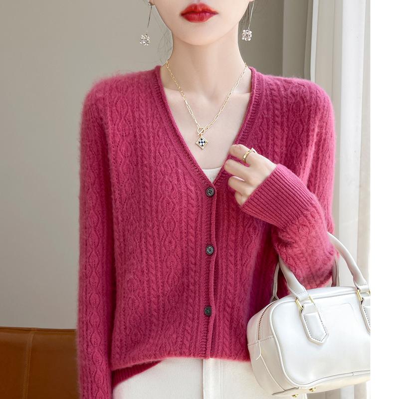

Spring and Autumn s New Lace Jacquard Knitted Cardigan, Soft and Niche Coat, Women s V-neck Rolled-up Long-sleeved Sweater XXL