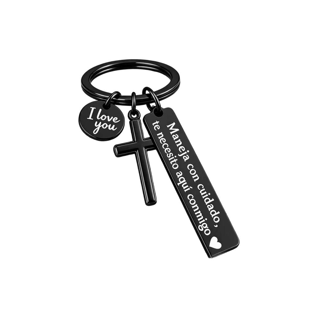 Cross Keychain Safety Reminder Rectangular Car Pendant Inspirational Message Keyring for Daily Use Durable Metal Material