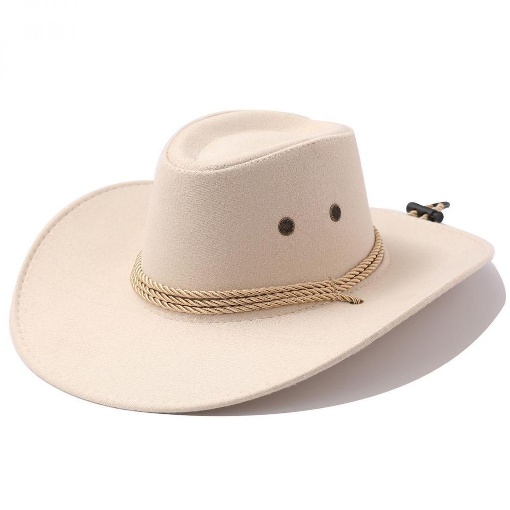 Unisex Wide Brim Straw Cowboy Hat with Windproof Rope and Sun Protection