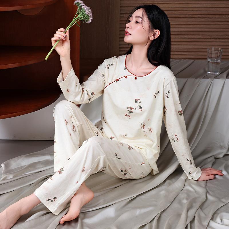 

Пижама женская из чистого хлопка с длинным рукавом, весенняя, тонкий хлопок, в китайском стиле, комплект домашней одежды 3XL