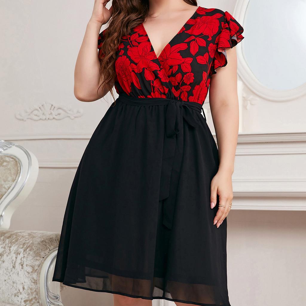 Women's Big Size Fashion Casual Loose Splicing Printed V-Neck Dresses