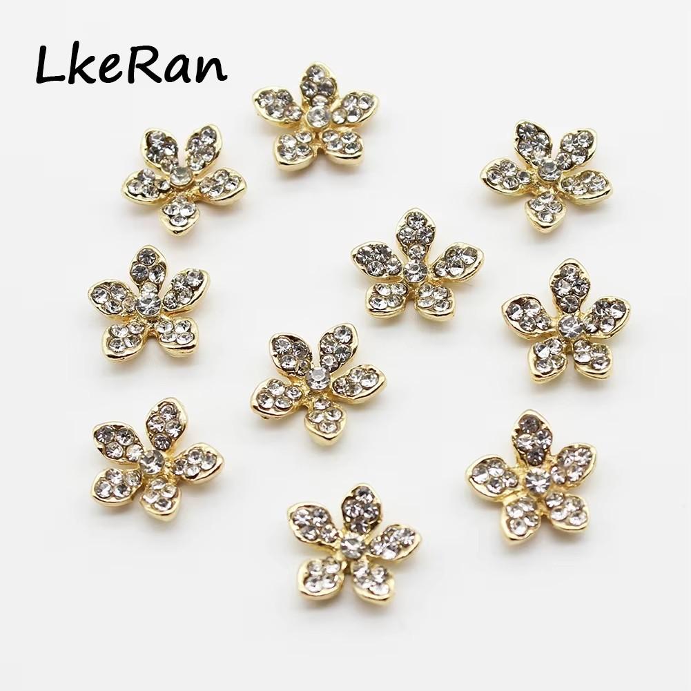 LKERAN 10Pcs 16x16mm Rhinestone Flower Buttons DIY Exquisite Handmade Crystal Metal Wedding Decoration Accessories