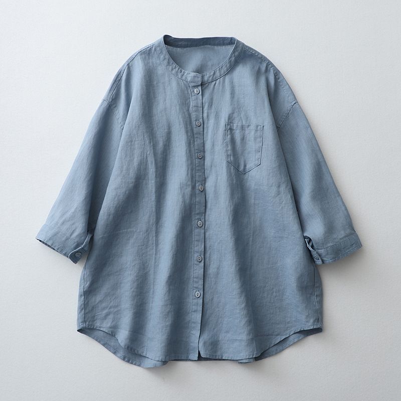 Japanese Cotton and Linen Shirt Women's Solid Color Versatile Casual Round Neck Seven Quarter Sleeved Shirt