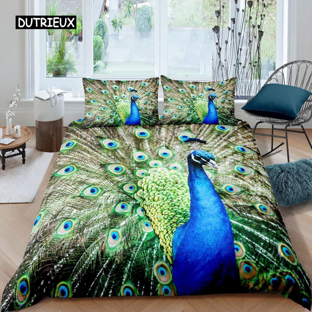 Juego de Funda Nórdica de Pavo Real Microfibra Preciosa Pluma Azul Funda de Edredón Flor Rosa Suave 2/3 Piezas Aves Tema Animal Funda de Edredón