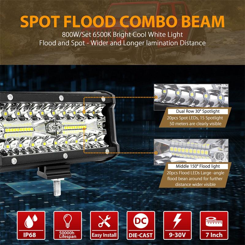 2Pcs 7'' Led Work Light Bar 800W Spot Flood Beams Combo For Car Tractor Boat Offroad Truck Suv Atv Car Repairing Lights