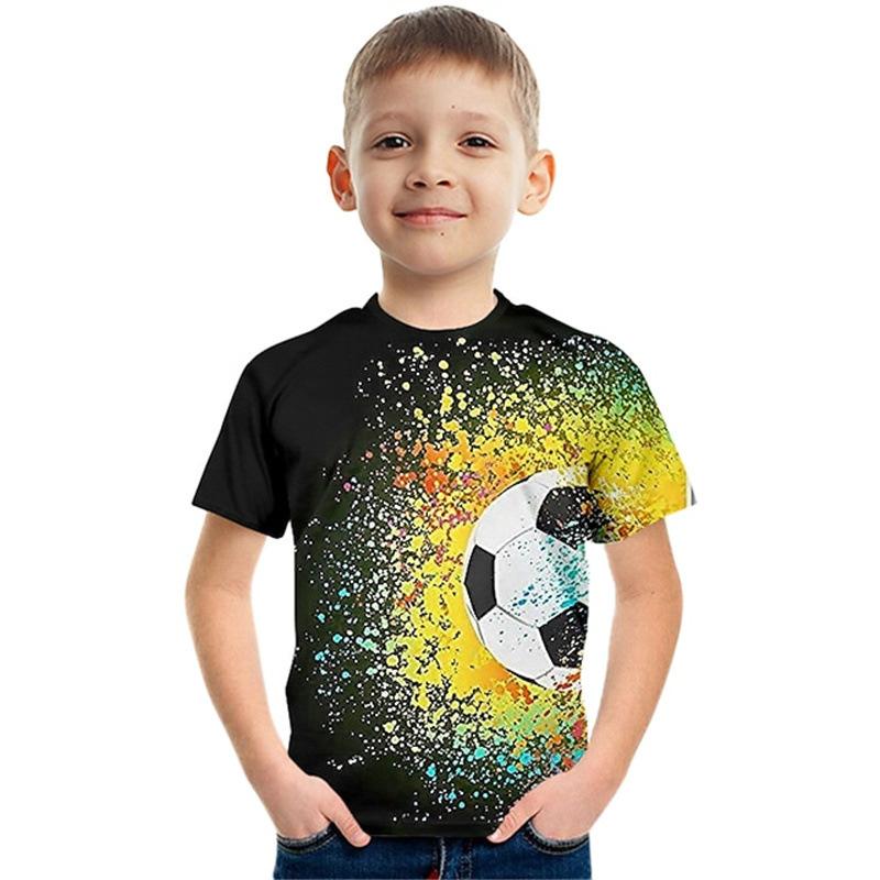 Summer Round Neck 3D Colorful Football Pattern Printed Top Fashionable Casual Short Sleeved Children's Boy T-shirts