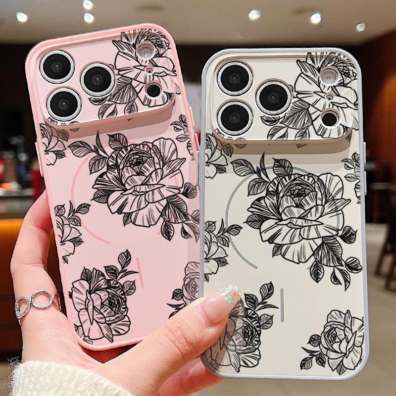 Sketching Rose Flower Pattern Case For iPhone 17 Pro Max Magnetic For Magsafe Hybrid Slim Matte Cover For iPhone 16 15 14 13 Pro Max