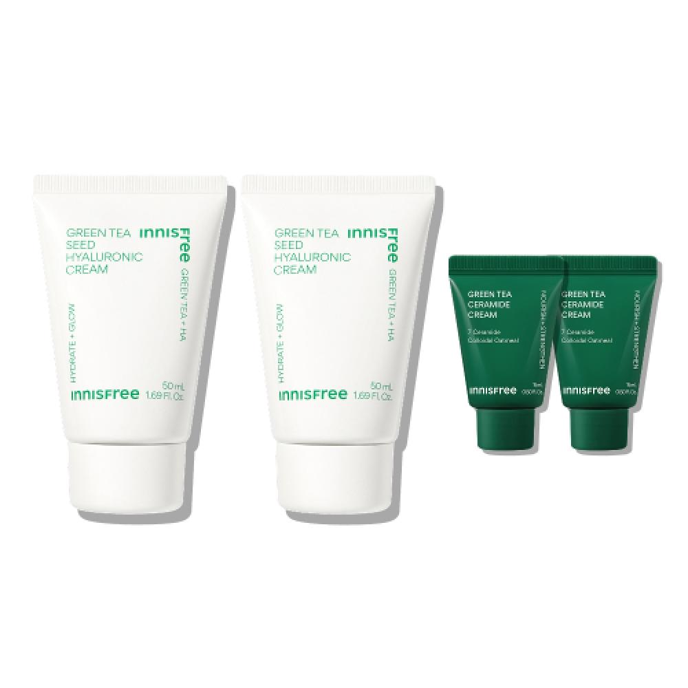 Innisfree Green Tea Seed Hyaluronic Acid Cream 50ml  Tube Type  2 + Green Tea Ceramide Cream 15ml 2 FREE