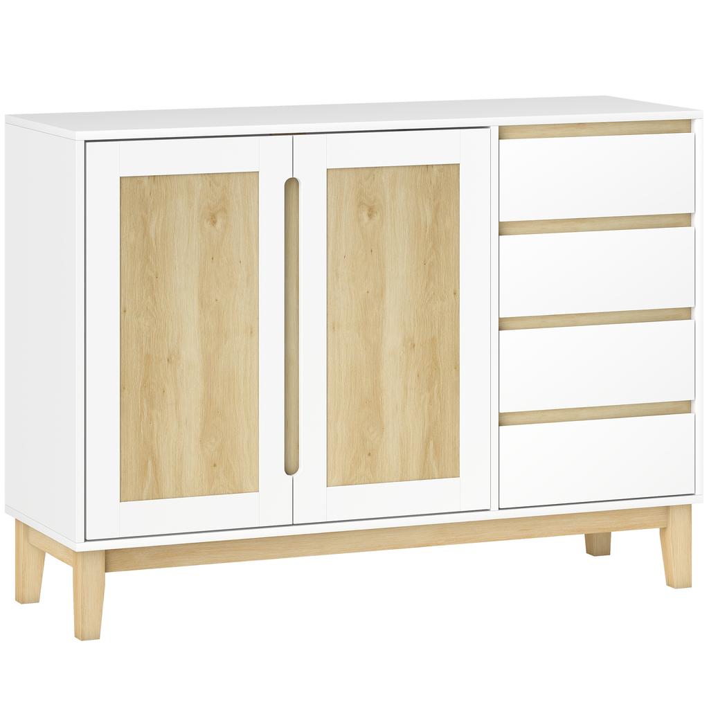 Sideboard, Storage Unit, 2 Doors, 4 Drawers, Adjustable Shelf, 120 x 40 x 86 cm, White and Oak