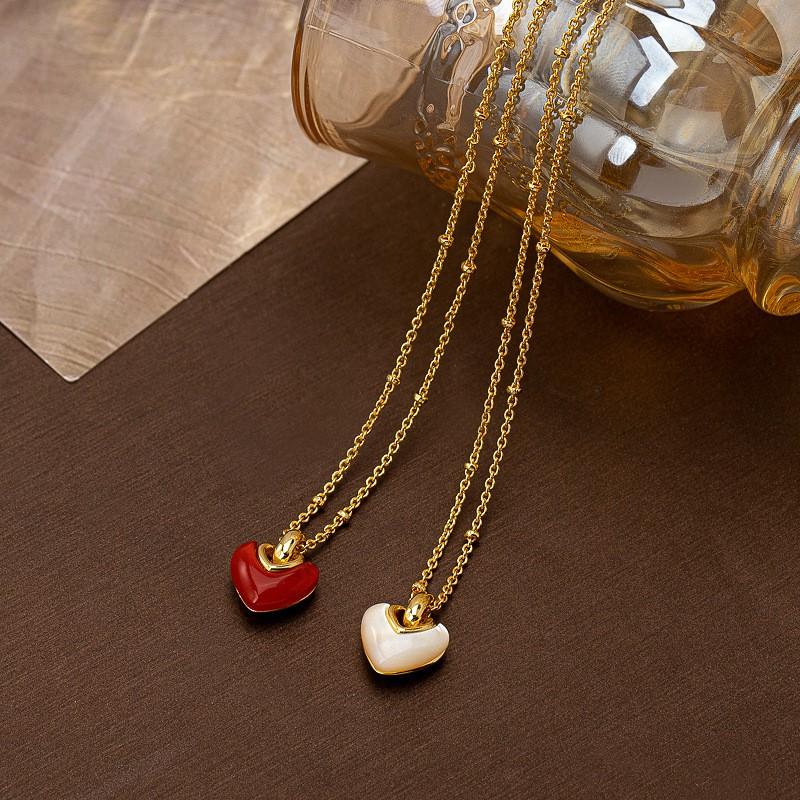 Elegant French-Inspired Heart Pendant Necklace Earrings Set With Mother-of-Pearl Charm Minimalist Jewelry Women White Necklace