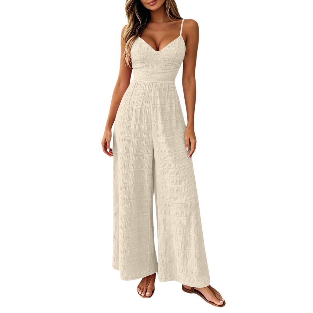 Women Sleeveless Spaghetti Strap Bohemian Wide Leg Jumpsuit Elegant Party Romper with V Neck and Relaxed Fit Design