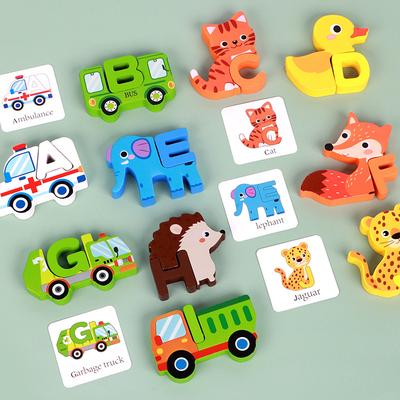 Puzzle tridimensionale in legno per bambini con 26 lettere e animali, blocchi da costruzione cognitivi per l'educazione precoce, giocattoli educativi