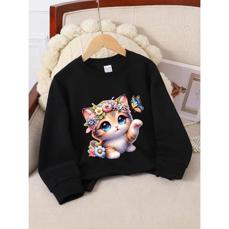 Crewneck Sweatshirt for Girls Featuring an Adorable Cat Surrounded by Flowers And a Butterfly. It'S Machine Washable, Suitable for Spring And Autumn