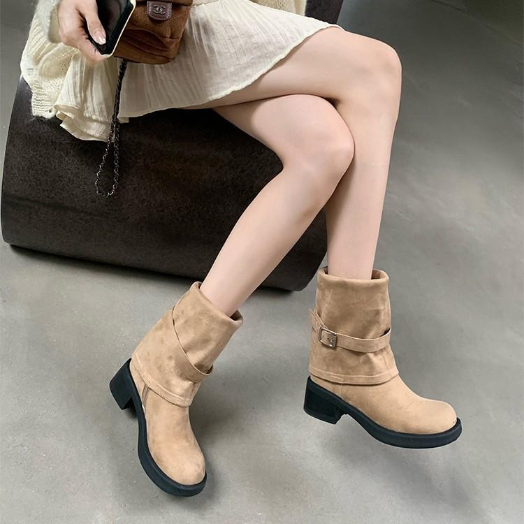 Sheepskin Version~ Skinny and Folded Two Pairs of Boots, Thigh Circumference High Knight Boots, Women's Thick-soled Belt Buckle Round Head Boots