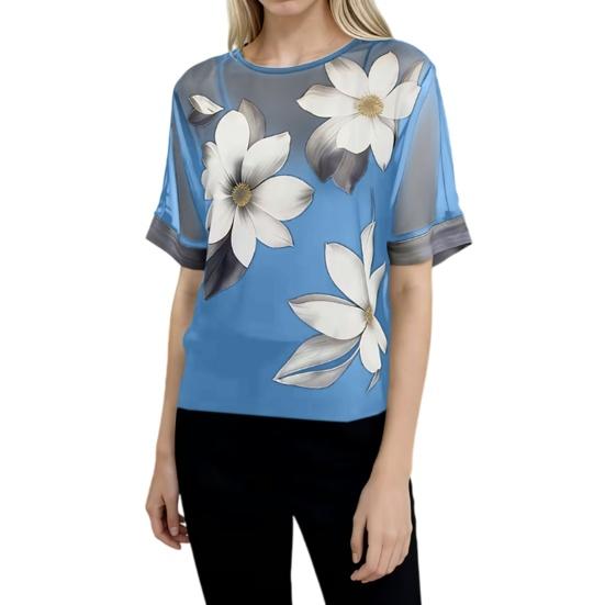 

Women Tops Round Neck Short Sleeve Perspective Shirt Loose Fit Flower Print Chiffon Summer T-shirt Work Party Vacation Daily Wear M
