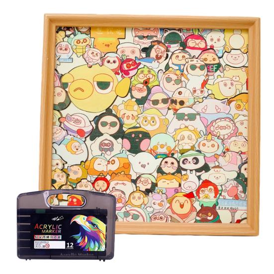 Cartoon Egg Wooden Coloring Puzzle Kit with Photo Frame Marker Pens DIY Hand-Painted Irregular Jigsaw